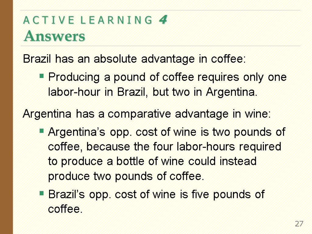Brazil has an absolute advantage in coffee: Producing a pound of coffee requires only